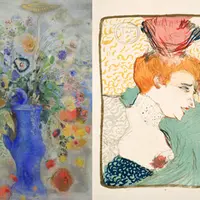 左：オディロン・ルドン 《グラン・ブーケ（大きな花束）》 1901年　パステル／カンヴァス 右：アンリ・ド・トゥールーズ＝ロートレック《マルセル・ランデール嬢、胸像》 1895年 リトグラフ／洋紙 いずれも、三菱一号館美術館所蔵