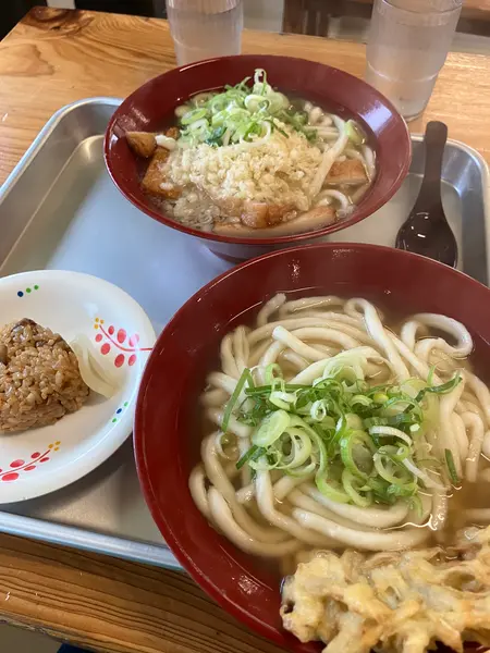 ゴボ天鶏めしおにぎりとさつま天かうどん