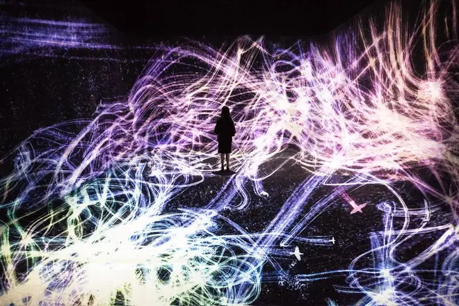 Crows are Chased and the Chasing Crows are Destined to be Chased as well, Transcending Space teamLab, 2017, Interactive Digital Installation, 4min 20sec, Sound: Hideaki Takahashi